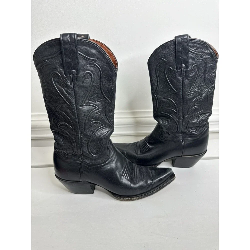 Vintage Black Leather Cowboy Boots Western Embroidered Made in Mexico Size 7.5